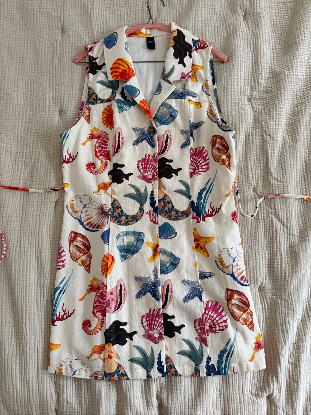 Cider White Multicolor Seashell & Mermaid Print Shirt Dress